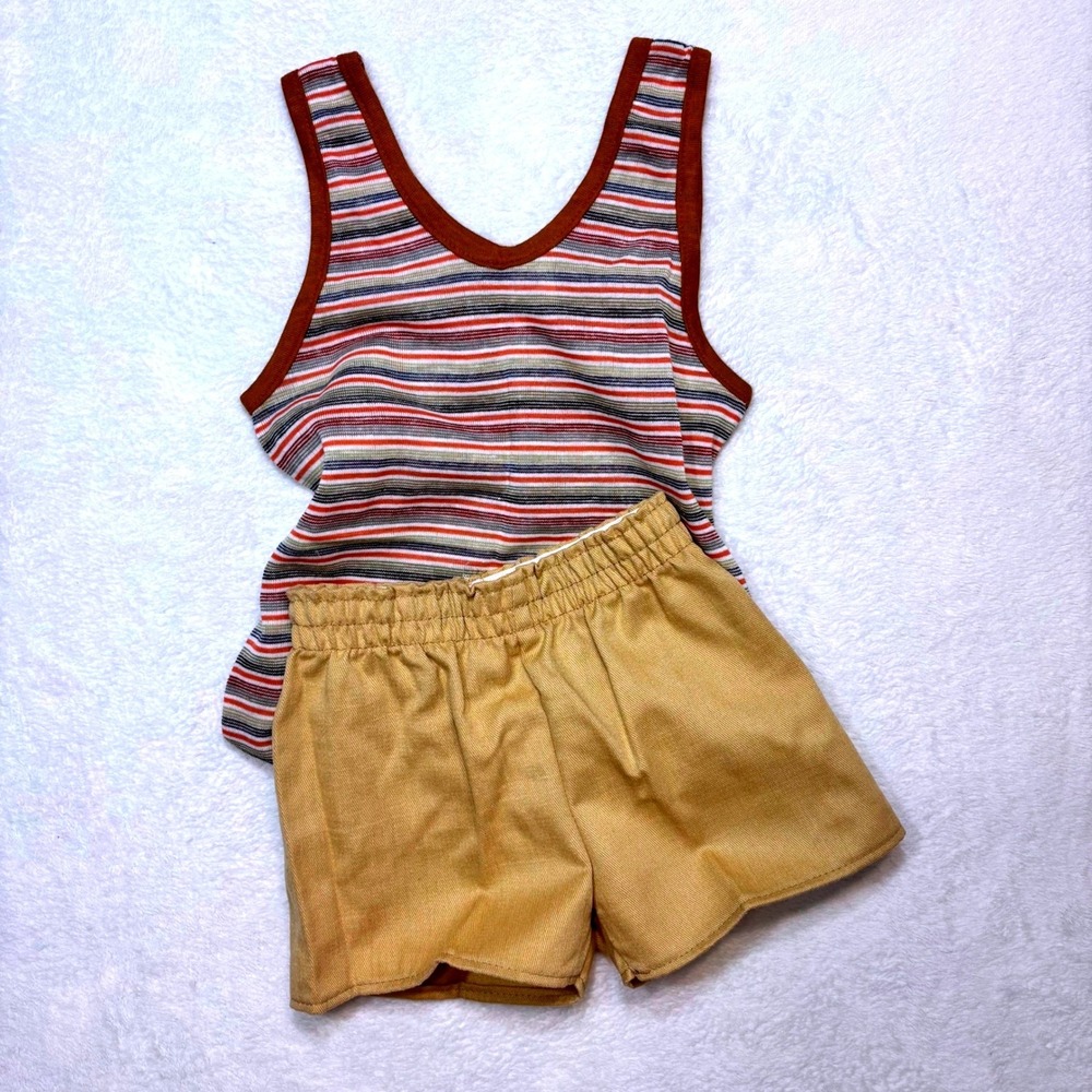 Vintage Sears Perma-Prest Kids Striped Tank Top and Shorts Set Brown Tan